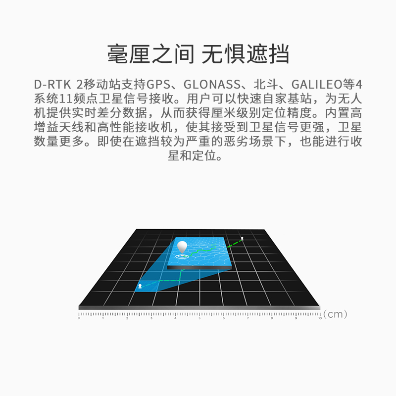 D-RTK 2 高精度GNSS移動(dòng)站,集成的多種數(shù)據(jù)傳輸鏈路以及高性能傳感器，為飛行平臺(tái)提供實(shí)時(shí)差分?jǐn)?shù)據(jù),D-RTK 2 高精度GNSS移動(dòng)站（D-RTK 2 移動(dòng)站）是DJI研發(fā)的高精度接收機(jī)系統(tǒng)，支持全球主流衛(wèi)星導(dǎo)航系統(tǒng)。同時(shí)，D-RTK 2 移動(dòng)站集成的多種數(shù)據(jù)傳輸鏈路以及高性能傳感器，為飛行平臺(tái)提供實(shí)時(shí)差分?jǐn)?shù)據(jù)，讓其獲得厘米級(jí)的三維定位和精準(zhǔn)定向，彌補(bǔ)了GPS、氣壓計(jì)和指南針的不足，為高精度應(yīng)用需求提供精確、可靠的系統(tǒng)解決方案。